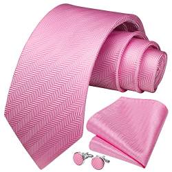 HISDERN Herren Rosa Gestreifte Hochzeit Krawatte Einstecktuch KrawattenTaschentuch Manschettenknöpfe Set von HISDERN