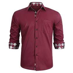 HISDERN Herren Rote Hemden Formelle Langarm-Button-Down-Braun-Karo-Arbeit Smart Floral Collar Regular Fit Burgunder-Hemd von HISDERN