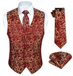 HISDERN Herren Weste Paisley Floral Hochzeit Party Krawatte Einstecktuch Taschentuch Anzugwesten für Herren Burgund Weste Anzug Set L von HISDERN