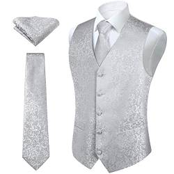 HISDERN Hochzeitsweste herren Blumen Hochzeit Silber-Grau Weste Krawatte Einstecktuch Taschentuch Jacquard Weste Anzug Set von HISDERN