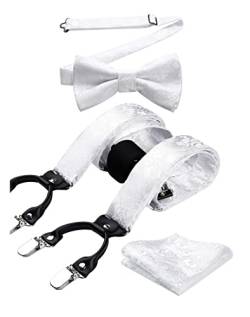 HISDERN Hosenträger Herren Weib Hochzeit Hosenträger Fliege Set und Einstecktuch Blumen 3.5CM Breit Klassische Verstellbar Y Form Mit 6 Stark Clips Braces One Size von HISDERN