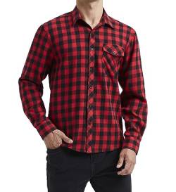 HISDERN Kariertes Flanellhemd für Herren,lässiges Langarmhemd,geknöpftes Holzfällerhemd mit Vordertasche Red L von HISDERN