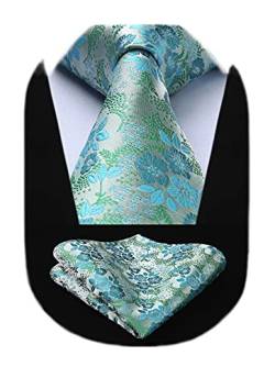 HISDERN Krawatte Herren Mintgrün Extra Lange Florale Krawatten und Einstecktuch Set Elegante Klassisch Hochzeit Seidenkrawatte Taschentuch für Männer von HISDERN