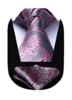 HISDERN Krawatte Herren Rosa mit Einstecktuch Set Extra Lange Paisley Krawatten und Taschentuch Elegante Hochzeit Seidenkrawatte für Männer von HISDERN