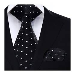 HISDERN Krawatte Schwarz Herren Krawatten mit Einstecktuch Punkte Krawatte Hochzeit und Taschentuch Set von HISDERN