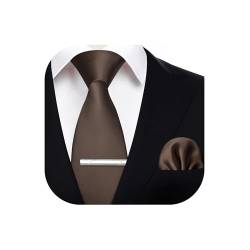 HISDERN Krawatte für Herren Braun - Krawatte mit Einstecktuch Krawattenklammer Hochzeit Einfarbig Seide Krawatten und Taschentuch Set für Männer von HISDERN