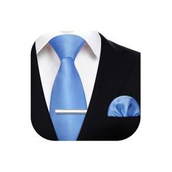 HISDERN Krawatte für Herren Hellblau - Krawatte mit Einstecktuch Krawattenklammer Hochzeit Einfarbig Seide Krawatten und Taschentuch Set für Männer von HISDERN