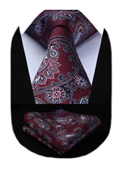 HISDERN Krawatte mit Einstecktuch Extra Lange Paisley Dunkelrote Krawatten Set und Taschentuch Elegante Hochzeit Seidenkrawatte für Männer von HISDERN