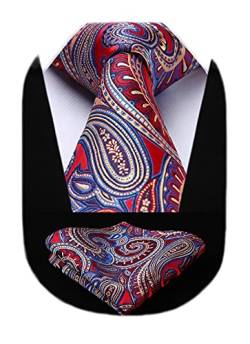 HISDERN Krawatten Set Herren Rot Extra Lange Paisley Krawatten und Einstecktuch Elegante Hochzeit Seidenkrawatte Taschentuch Mehrfarbig für Männer von HISDERN