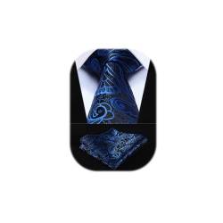 HISDERN Krawatten für Herren Extra Lange Paisley Krawatte und Einstecktuch Set Elegante Klassisch Hochzeit Seidenkrawatte Taschentuch Blau & Schwarz von HISDERN