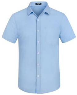 HISDERN Leinenhemd Herren Kurzarm Hemd Sommerhemd Herren Hellblau Freizeithemd mit Brusttasche Regular Fit XL von HISDERN