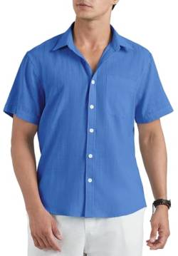 HISDERN Leinenhemd Herren Sommer Hemden Blau Kurzarmhemd Regular Fit Freizeithemd Casual Leicht Leinenshirt für Männer L von HISDERN