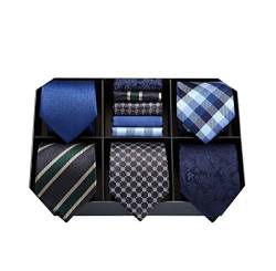 HISDERN Lot 5 Stück Krawatte mit Einstecktuch Set Klassische Krawatten für Herren Hochzeit Party Seidenkrawatte & Taschentuch mit Geschenkbox von HISDERN