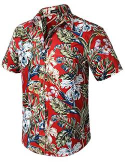 HISDERN Männer Funky Hawaii-Blumenhemden Kurzarm Vordertasche Urlaub Sommer Aloha Printed Beach Casual Rotes Hawaiihemd von HISDERN