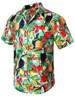 HISDERN Männer Funky Hawaiian Bird Ananasbaum Shirts Kurzarm Vordertasche Urlaub Sommer Aloha Beach Casual Mint Green Hawaii Shirt von HISDERN