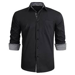 HISDERN Männer Schwarz Formale Hemden Langarm Regular Fit Casual Formal Klassischer Kragen Button-Down Kariertes Hahnentritt-Hemd von HISDERN