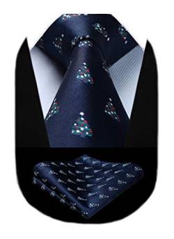 HISDERN Navy blau Weihnachts Krawatte für Herren Bäume Muster Xmas Party Festlich Krawatten & Einstecktuch Set Mode von HISDERN