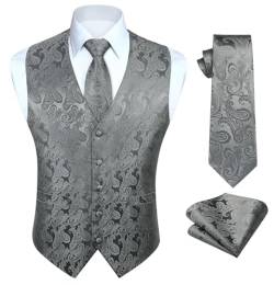 HISDERN Paisley Anzugweste Herren Grau Krawatte Einstecktuch Taschentuch Hochzeit Party Floral Jacquard Weste Herren Anzug Set S von HISDERN