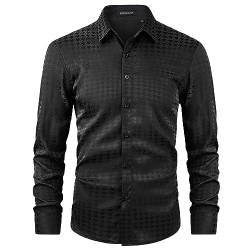 HISDERN Paisley-Hemd für Herren Jacquard-Seidenhemd Langarm Button-Down für Hochzeit Nachtclub Party Satinhemden Regular Fit Schwarz S von HISDERN