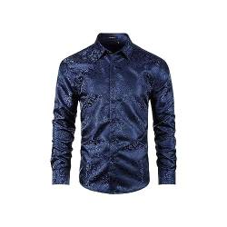 HISDERN Paisley Hemd für Männer Jacquard Seide Kleid Hemd Langarm Button Down für Hochzeiten Nachtclub Party Satin Hemden Regular Fit Blau L von HISDERN
