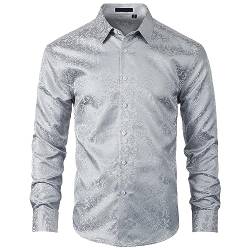 HISDERN Paisley Hemd für Männer Jacquard Seide Kleid Hemd Langarm Button Down für Hochzeiten Nachtclub Party Satin Hemden Regular Fit Grau L von HISDERN