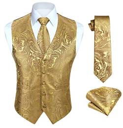 HISDERN Paisley Weste Herren Gelb Jacquard Krawatte Einstecktuch Einstecktuch Hochzeitsfeier Business Fit Weste Anzug Set XXXL von HISDERN