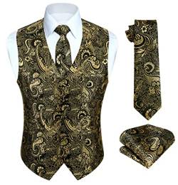 HISDERN Partyweste für Herren Herren Paisley Gold Westen Floral Jacquard Krawatte Einstecktuch Einstecktuch Hochzeit Business Fit Weste Anzug Set XL von HISDERN