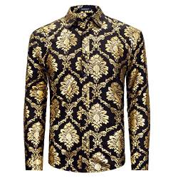 HISDERN Schwarz Blumenhemd Herren Langarm Goldenes Blume Muster Hemden Elegant Satin Mode Freizeithemd Party Bar Hochzeit Regulär XXL von HISDERN