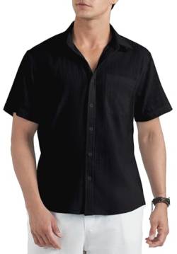 HISDERN Schwarze Leinenhemd Herren Hemd Kurzarm Sommerhemd Freizeithemd Businesshemd Regular Fit Leichte Baumwolle Leinenshirt S von HISDERN