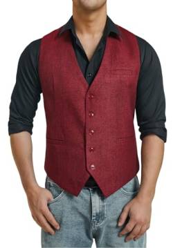 HISDERN Weste Herren Tweed Westen für Männer Formelle Anzug Weste Rote Herringbone Anzugweste Burgundy 3XL von HISDERN