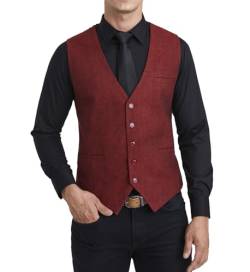 HISDERN Weste Herren Tweed Westen für Männer Formelle Anzug Weste Rote Herringbone Anzugweste Burgundy S von HISDERN