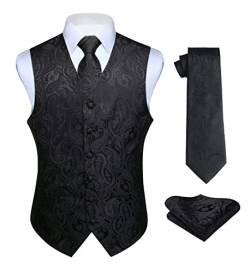 Hisdern Manner Paisley Floral Jacquard Weste & Krawatte und Einstecktuch Weste Anzug Set, Black, Gr.-XS (Brust 39 Zoll) von HISDERN