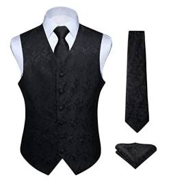 Hisdern Manner Paisley Floral Jacquard Weste & Krawatte und Einstecktuch Weste Anzug Set, Black-2, Gr.-XL (Brust 48 Zoll) von HISDERN