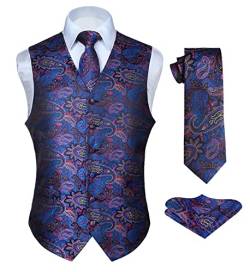 Hisdern Manner Paisley Floral Jacquard Weste & Krawatte und Einstecktuch Weste Anzug Set, Blau Rosa, Gr.-6XL (Brust 64 Zoll) von HISDERN
