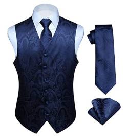 Hisdern Manner Paisley Floral Jacquard Weste & Krawatte und Einstecktuch Weste Anzug Set, Navy Blau, Gr.-2XL (Brust 51 Zoll) von HISDERN