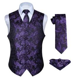 Hisdern Manner Paisley Floral Jacquard Weste & Krawatte und Einstecktuch Weste Anzug Set, Purple & Black, Gr.-6XL (Brust 64 Zoll) von HISDERN
