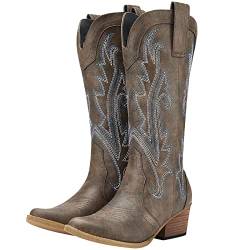 HISEA Rollda Cowboy-Stiefel für Damen, Westernstiefel, Cowgirl-Stiefel, Damen, spitze Zehenpartie, modische Stiefel, Braun, 43 EU von HISEA