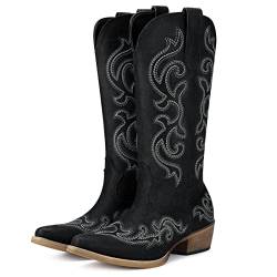 HISEA Rollda Cowboystiefel für Damen, Western Cowgirl-Stiefel mit klobigem Absatz, Damen Snip Toe Mid-Calf Boots, Metallschwarz, 43 EU von HISEA