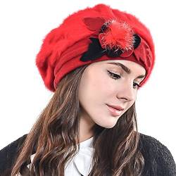 Damen Barette Künstler Wolle Baskenmütze Angora Beanie Winter Mütze BR022 (Rot) von HISSHE
