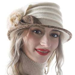 HISSHE Dame Wolle Blumen Eimer Glocke Bowler Mütze Fühlte Kleid Hüte (Creme,M) von HISSHE