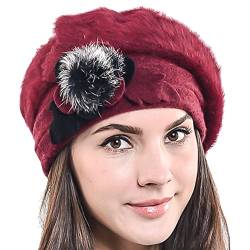 HISSHE Damen Barette Künstler Wolle Baskenmütze Angora Beanie Winter Mütze BR022 (Rotwein) von HISSHE