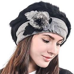 HISSHE Damen Barette Künstler Wolle Baskenmütze Angora Beanie Winter Mütze BR022 (Schwarz) von HISSHE