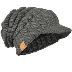 Herren Dick Knit Newsboy Cap Visier Mütze Hut Fleece Gefüttert Strickmützen B319 (Grau) von HISSHE