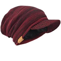 Herren Dick Knit Newsboy Cap Visier Mütze Hut Fleece Gefüttert Strickmützen B319 (Rotwein/Schwarz) von HISSHE