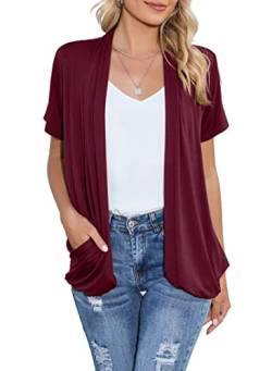 HIYIYEZI Cardigan-Pullover mit offener Vorderseite für Damen mit Taschen, leicht, kurzärmelig, Rüschenfront, Kimono-Strickjacke, Staubwedel, A-07 weinrot, X-Groß von HIYIYEZI