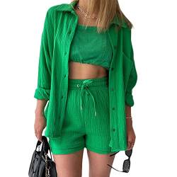 Damen Sommer Zweiteiler Shorts Set Fashion Outfit Einfarbig Bluse High Waist Shorts Freizeitanzug Ästhetisch Trainingsanzug Streetwear für Frauen Mädchen (D Grün, S) von HImllauen