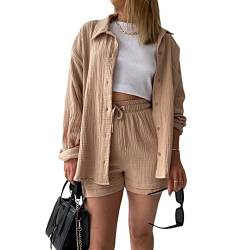 Damen Sommer Zweiteiler Shorts Set Fashion Outfit Einfarbig Bluse High Waist Shorts Freizeitanzug Ästhetisch Trainingsanzug Streetwear für Frauen Mädchen (D Khaki, L) von HImllauen