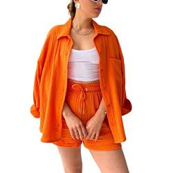 Damen Sommer Zweiteiler Shorts Set Fashion Outfit Einfarbig Bluse High Waist Shorts Freizeitanzug Ästhetisch Trainingsanzug Streetwear für Frauen Mädchen (D Orange, M) von HImllauen