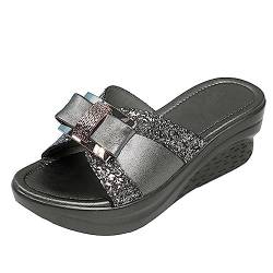 HJBFVXV Damen-Hausschuhe Fashion Sandals Women Wedge Heel Shiny Bow Slippers Womens Shoes Comfort Summer Peep Toe Outdoor Beach Shoes (Color : Gray, Size : 39) von HJBFVXV