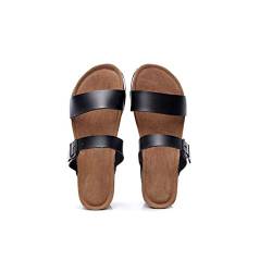 HJBFVXV Damen-Hausschuhe Summer Women Beach Med Heel Cork Slippers Casual Leather Wedge Platform Shoe (Color : Black, Size : 41 EU) von HJBFVXV